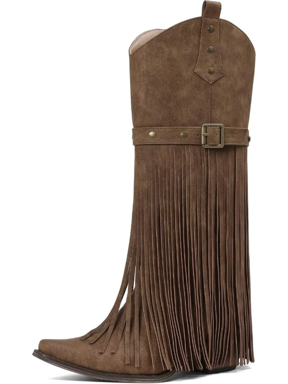 Women's Light Brown Retro Block Chunky Fringe Wide Calf Long Knee High Boots